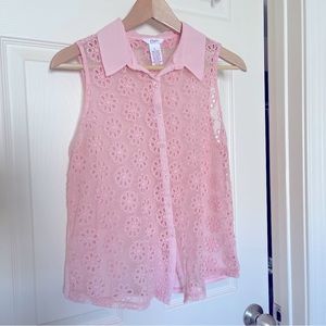 Candie’s Baby Pink Sheer Button Down Blouse with Floral Mesh Embroidery
